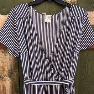Blue and white striped dress, knee length